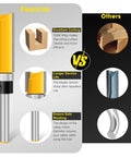 Four Piece Flush Trim Router Bit Set With One Quarter Inch Shank And Top Bearing Great For Woodworking And Home DIY Projects Pro Grade Durable Micro Grain Tungsten Carbide Bits For Clean Cuts Sharp Edges And Precise Lettering In Yellow, compared with other bits