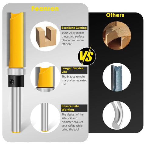 Four Piece Flush Trim Router Bit Set With One Quarter Inch Shank And Top Bearing Great For Woodworking And Home DIY Projects Pro Grade Durable Micro Grain Tungsten Carbide Bits For Clean Cuts Sharp Edges And Precise Lettering In Yellow, compared with other bits