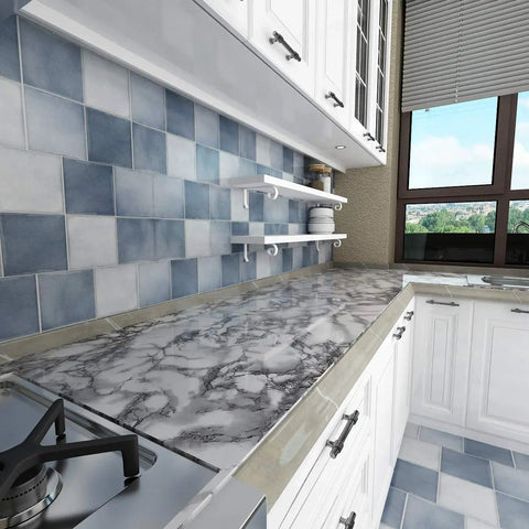 Grey Marble Peel And Stick Vinyl Wrap For Kitchen Countertops And Cabinets Self Adhesive Waterproof Durable No Mess Easy Peel DIY Friendly Removable 15.8 By 197 Inches 21.65 Sq Ft applied on kitchen countertop
