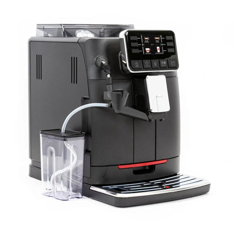 Zero Stress Super Automatic Espresso Machine With Integrated Milk Frother For Silky Latte Creations Featuring One Touch Brewing Effortless Control Panel And Sleek Matte Black Finish.