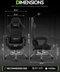Ergonomic Gaming Chair With Massage Lumbar, Footrest, And 2D Linkage Armrests For Pro All Day Comfort, Black, chair dimensions displayed.
