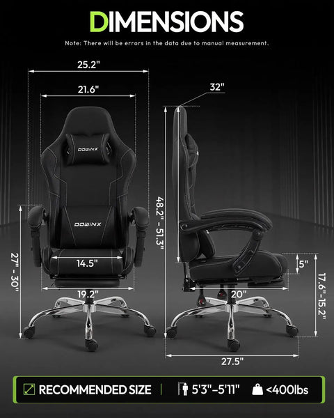 Ergonomic Gaming Chair With Massage Lumbar, Footrest, And 2D Linkage Armrests For Pro All Day Comfort, Black, chair dimensions displayed.