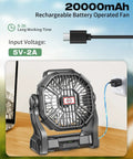 Portable Camping Fan With Led Lights And 20000mAh Battery on table, charging, showing brushless motor and 270 degree rotation.