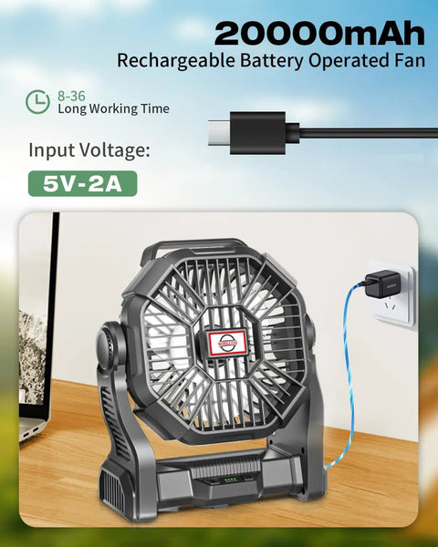 Portable Camping Fan With Led Lights And 20000mAh Battery on table, charging, showing brushless motor and 270 degree rotation.