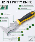 12 in 1 putty knife featuring various tools, zinc alloy blade, ergonomic handle, multifunctional scraper for home improvement.