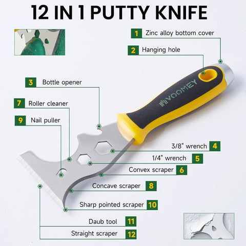 12 in 1 putty knife featuring various tools, zinc alloy blade, ergonomic handle, multifunctional scraper for home improvement.