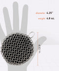 Cast Iron Scrubber With Stainless Chainmail And Silicone Center, Food Safe And Rust Resistant, 4.25 inch diameter, 4.8 oz weight
