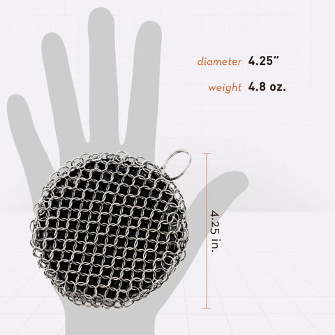 Cast Iron Scrubber With Stainless Chainmail And Silicone Center, Food Safe And Rust Resistant, 4.25 inch diameter, 4.8 oz weight