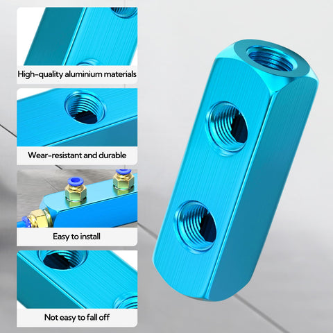 Four Piece Two Way Five Port Aluminum Air Compressor Manifold With One Quarter Inch Output Port And One Quarter Inch Supply Port Durable Aluminum Air Distribution Block Splitter