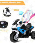 BMW Licensed 6V Ride On Motorcycle For Kids With Music, Foot Pedal Acceleration, Front Headlight, Leather Seat Cushion, 3 Wheel Battery Powered Tricycle Toy, Safe Metal Frame, Sapphire Color, side view with LED headlights