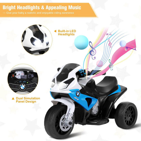 BMW Licensed 6V Ride On Motorcycle For Kids With Music, Foot Pedal Acceleration, Front Headlight, Leather Seat Cushion, 3 Wheel Battery Powered Tricycle Toy, Safe Metal Frame, Sapphire Color, side view with LED headlights