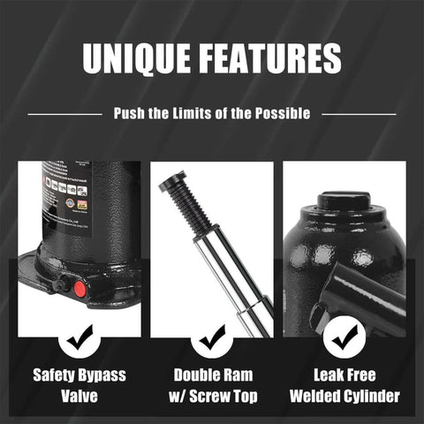 Close-up features of 4 Ton Double Ram Hydraulic Car Bottle Jack For Auto Repair And Home Lifts With A Wide Lift Range From Six To Sixteen Inches Extension Screw Top Adjustable Before Pumping 8000 Lb Capacity Heavy Duty Black.