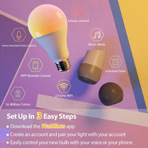 Four Pack A19 Color Changing Smart Bulbs 800 Lumens 7.5W 60W Eq E26, No Hub Needed, 2.4GHz WiFi, Works With Alexa And Google Home
