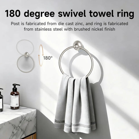 180 degree swivel towel ring in brushed nickel from Complete Four Piece Bath Accessory Set With A 24 Inch Towel Bar Toilet Paper Holder Towel Ring And Robe Hook In Brushed Nickel Finish Built To Last Zinc Alloy And Stainless Steel For A Cohesive Designer Look In Any Master Bath