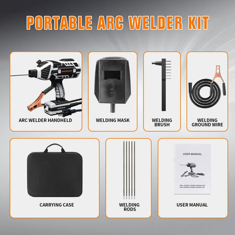 Portable Arc Welder Gun 110V 120A With IGBT Inverter Five Current Settings Lightweight 3.9 lbs kit components displayed