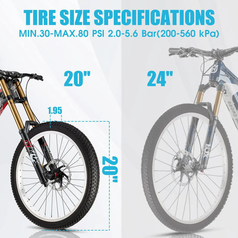 Two Pack 20 Inch Mountain Bike Tire Set With 1.95 Inch Puncture Resistant Folding Tires For Off Road Riding Fits 1.75 To 2.125 Inch Width Includes Inner Tubes And Repair Tool Kit shown with size specifications and PSI range.
