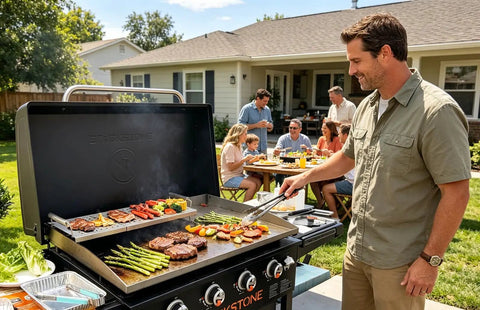 Man grilling with Adjustable Griddle Warming And Cooling Rack For 17 22 28 36 Inch Griddles, food on warming tray.