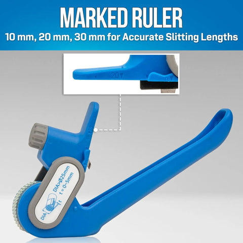 Ratcheting Duct And Cable Slitter Pro Grade With Unique Blade showing marked ruler for slitting fiber optic ducts up to 5 mm thick