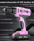Built Tough 20V Cordless Drill Set With Fast Charging Battery And Sleek Pink Finish delivering 250 in lbs of torque with controls.