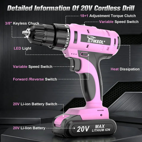 Built Tough 20V Cordless Drill Set With Fast Charging Battery And Sleek Pink Finish delivering 250 in lbs of torque with controls.