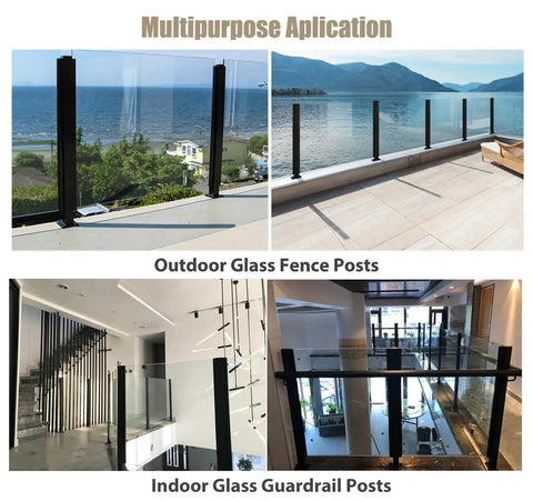 Multipurpose Sleek Matte Black Stainless Steel Glass Railing Post 59 Inch U Channel Balustrade Spigot for indoor and outdoor use.