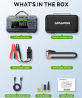 Box contents of Beast Portable Car Jump Starter With Air Compressor 6000A, including jump cables, air hose, and carrying case.