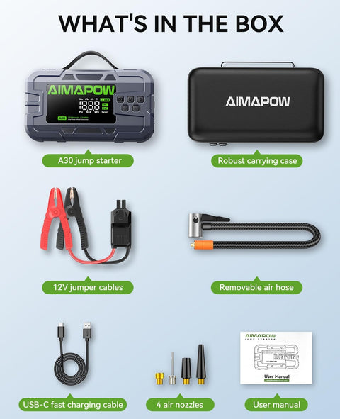 Box contents of Beast Portable Car Jump Starter With Air Compressor 6000A, including jump cables, air hose, and carrying case.