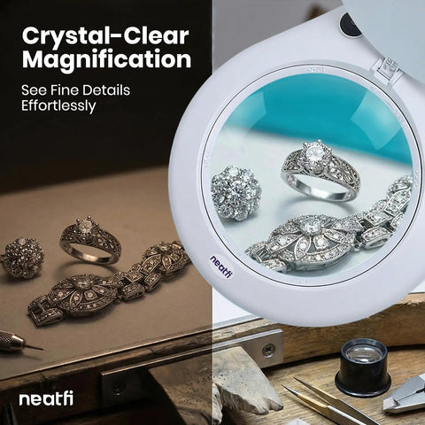 Clamp On Magnifying Lamp With 7 Inch Glass Lens 5 Diopter 6500K Daylight LED showing magnified jewelry detail for hobbyists