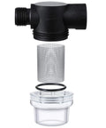 Exploded view of RV Water Pump Strainer Filter 1/2 Inch Twist-On Inlet Outlet, showing fine 50 mesh stainless steel screen and transparent bowl.