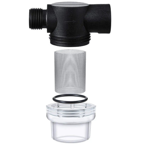 Exploded view of RV Water Pump Strainer Filter 1/2 Inch Twist-On Inlet Outlet, showing fine 50 mesh stainless steel screen and transparent bowl.