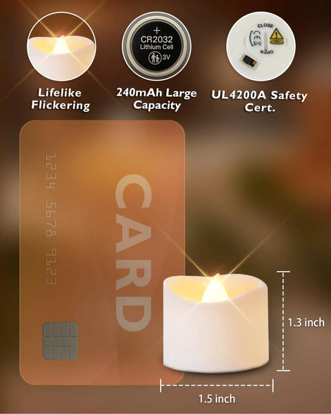 12 Count Flickering Flameless LED Tea Lights Battery Operated With Melted Wax Look, size comparison with card, battery shown