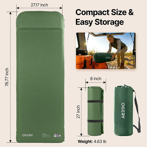 Self Inflating Sleeping Pad With Built In Foot Pump 3 Inch Foam Memory Hybrid Mattress rolled for storage