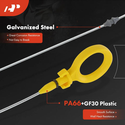 Close-up of galvanized steel 2.0L 4 Cylinder Engine Oil Dipstick For Audi A4 A4 Quattro 2005 2006 2007 2008 2009 with yellow handle