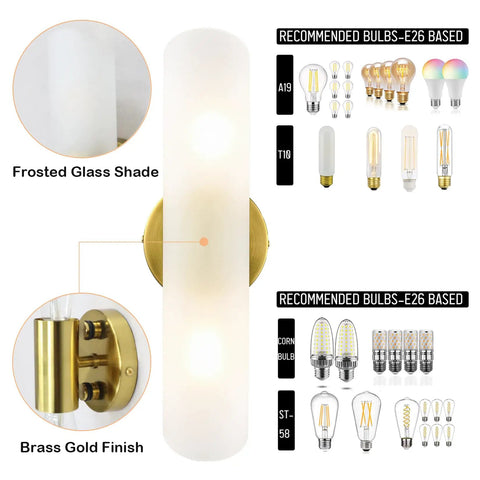 Modern Brass Wall Sconces Two Light Cylinders Frosted Glass Vanity Lights For Hallway Bedroom And Staircase ETL Listed