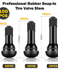 Tubeless Tire Valve Stems Set Of 100 Pieces TR412 TR413 TR414 Rubber Black Snap In Valves For 0.453 Inch Rim Holes Fits Standard Vehicle Tires Easy Install Durable Seals and Long Lasting Performance displayed against a white background with sizes and quantities listed