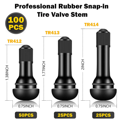 Tubeless Tire Valve Stems Set Of 100 Pieces TR412 TR413 TR414 Rubber Black Snap In Valves For 0.453 Inch Rim Holes Fits Standard Vehicle Tires Easy Install Durable Seals and Long Lasting Performance displayed against a white background with sizes and quantities listed