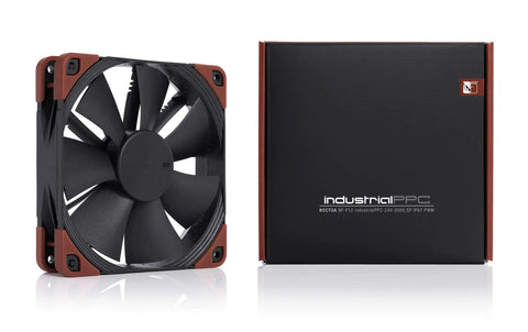 NF-F12 120mm Industrial Workhorse Cooling Fan 24V PWM IP67 Sealed Heavy Duty Beast 2000 RPM shown beside its packaging.