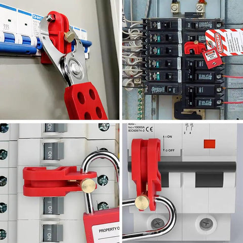 Universal Circuit Breaker Lockout Kit With Ten Lockout Devices And Ten Do Not Operate Tags For Single And Multi Pole Breakers LOTO Must Have Safety Gear For Every Worksite And Electrical Panels in use on circuit breakers