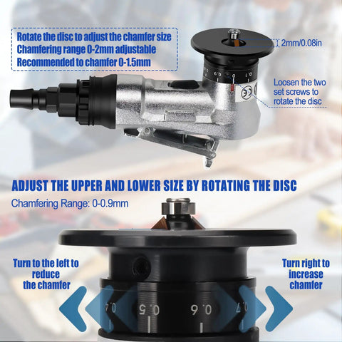 Heavy Duty Mini Pneumatic Chamfering Tool Handheld Air-Powered Deburring Machine for Metal and Wood, showing adjustable chamfer disc.