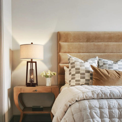 All In One 26 Inch Set Of 2 Farmhouse Table Lamps with USB and USB C Ports on nightstand next to bed