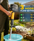 Person using Cordless 840 GPH Brushless Water Transfer Pump With Auto Shutoff 3 Speed Modes 38 Ft Lift Extendable Hose Kit in garden