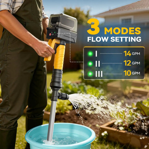 Person using Cordless 840 GPH Brushless Water Transfer Pump With Auto Shutoff 3 Speed Modes 38 Ft Lift Extendable Hose Kit in garden
