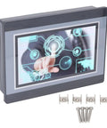 7 Inch HMI PLC Touchscreen Panel with DC 24V 5A power, front view, with installation screws, featuring ABS housing and touchscreen display