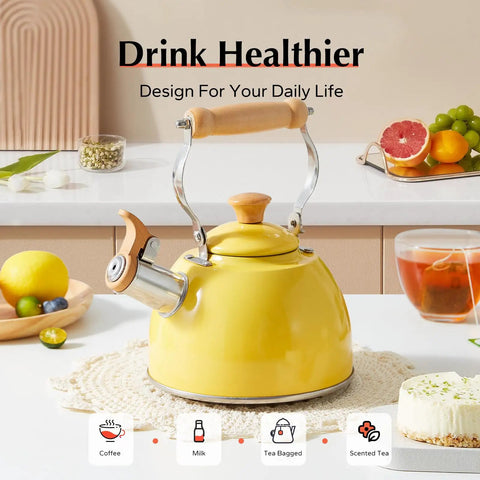 Yellow 1.6 Quart Tea Kettle With Cool Touch Wooden Handle Food Grade Stainless Steel Stovetop Teapot Whistling Kettle in kitchen