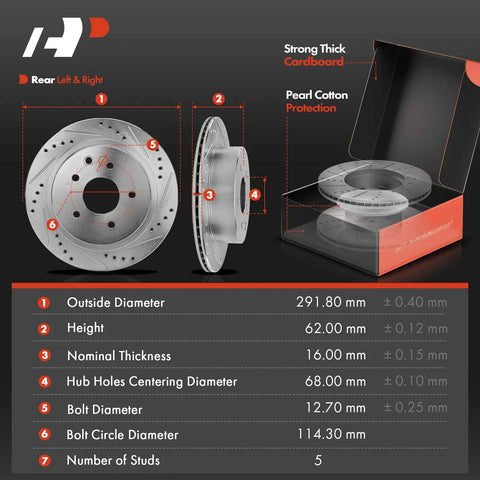 11.49 Inch Rear Drilled And Slotted Disc Brake Rotors And Ceramic Pads Kit For Nissan And Infiniti Models Stops Like A Boss G35 350Z Juke Leaf Rogue Select Sport And X Trail, product details showing measurements and box with rotors.
