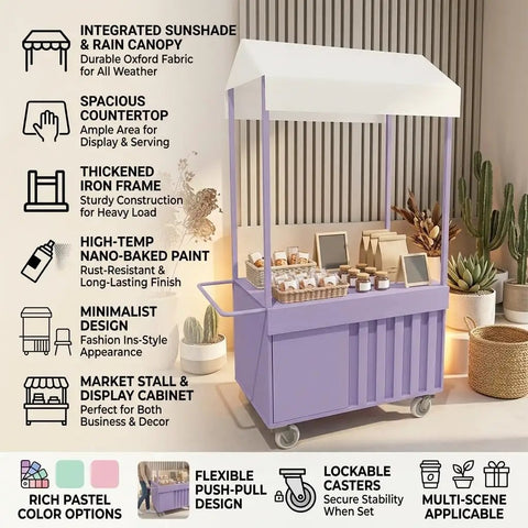 Outdoor Mobile Food Cart With Awning Portable Rolling Vending Station For Side Hustlers Pop Up Fairs Featuring Trendy Pink Macaron Design And Cream Pointed Canopy Storage Bin For Drinks And Treats, showcasing purple cart with canopy and products.