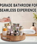 12 Inch Acacia Wood Lazy Susan Turntable With Double Handle, Big Spice Organizer on bathroom counter with toiletries