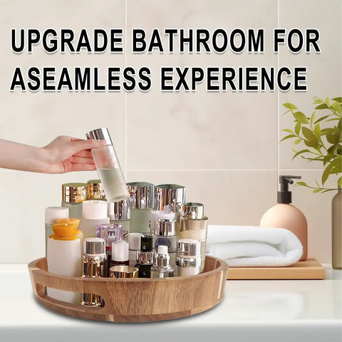 12 Inch Acacia Wood Lazy Susan Turntable With Double Handle, Big Spice Organizer on bathroom counter with toiletries