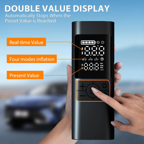 Person holding Beefy Portable Tire Inflator Air Compressor With 180 PSI, Dual Digital Gauge showing real-time and preset values