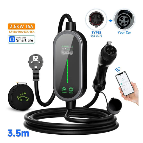 Portable Type 1 Electric Vehicle Charger 3.5Kw 16A Smart Wifi Bluetooth App Control Fast Charging Cable 3.5M with display and plug.